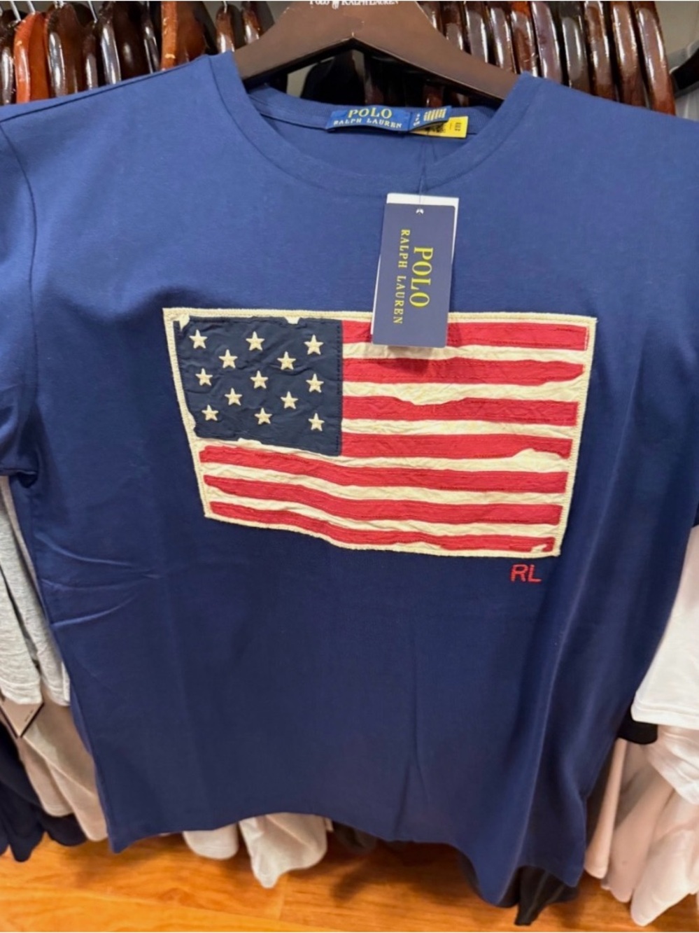 Polo Ralph Lauren Navy Distressed AMERICAN FLAG Appliqué Short Sleeve T Shirt